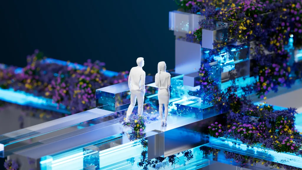 Two white miniature human figures stand on a glowing, futuristic path made of glass-like materials. The scene is adorned with vibrant purple flowers and green foliage, creating a blend of nature and technology against a dark background.