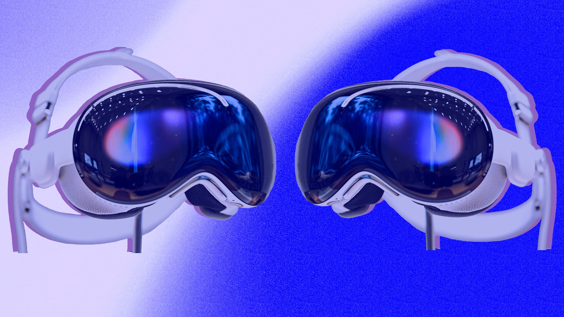 A pair of futuristic virtual reality headsets with reflective lenses facing each other. The background features a blend of blue and white gradient colors, creating a dynamic and modern aesthetic.