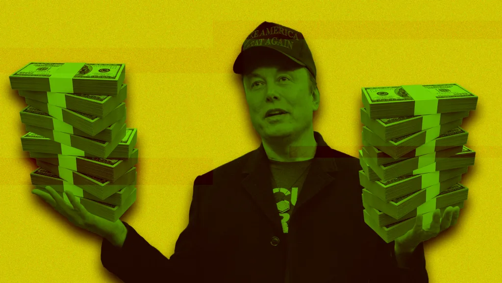 A person wearing a Make America Great Again cap balances several stacks of money on both hands against a bright yellow background.