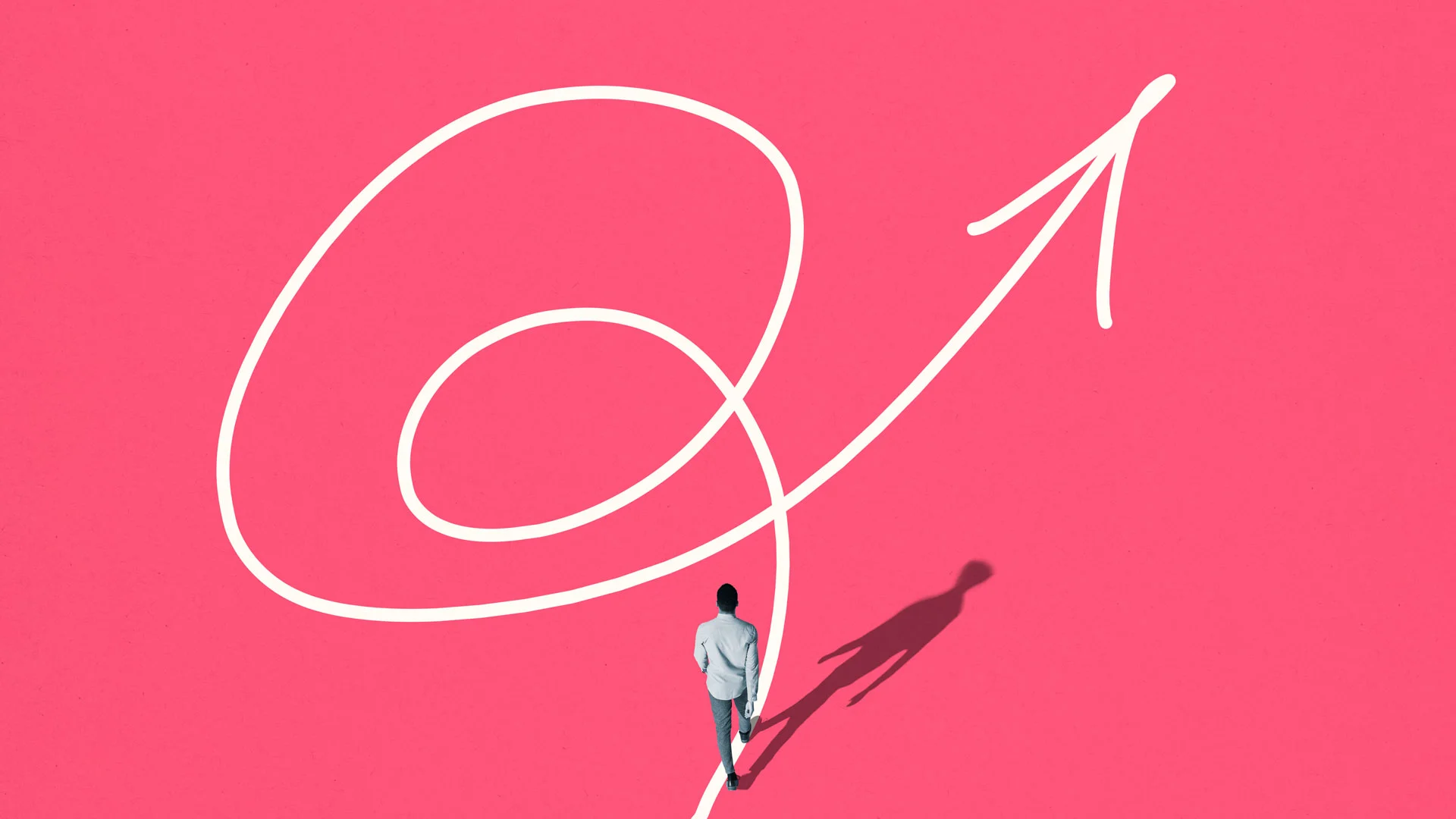 A person walks along a winding white arrow path on a pink background. The arrow spirals and points upwards, symbolizing progress or direction. The persons shadow extends to the right.