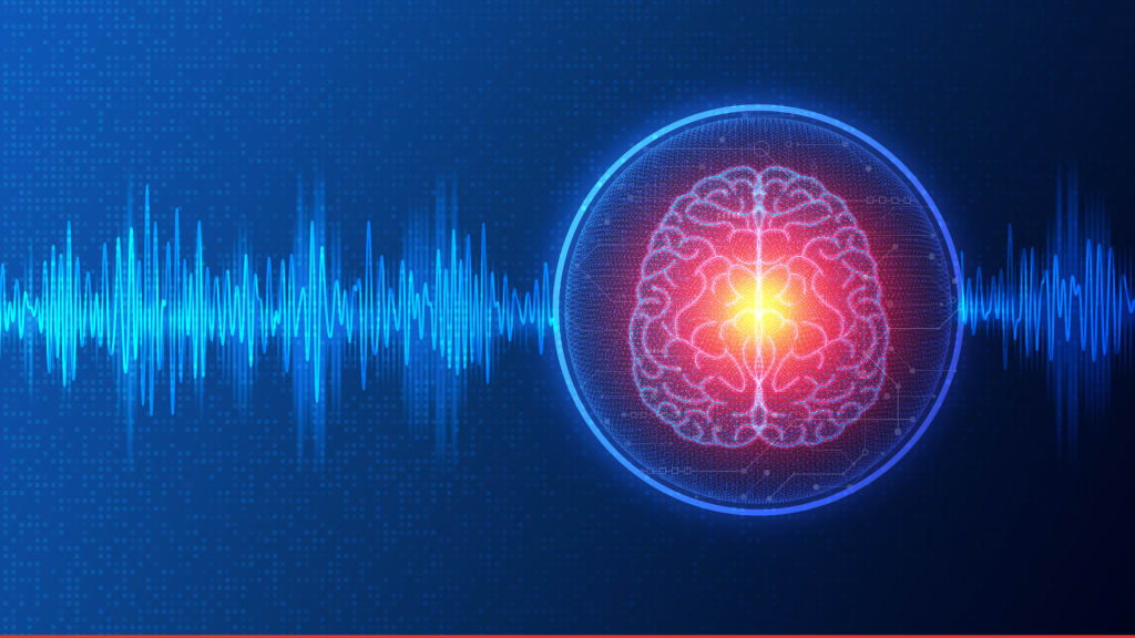 Illustration of a brain inside a digital network with a glowing red and yellow center, surrounded by blue sound waves on a dark blue background, symbolizing neural activity and technology.