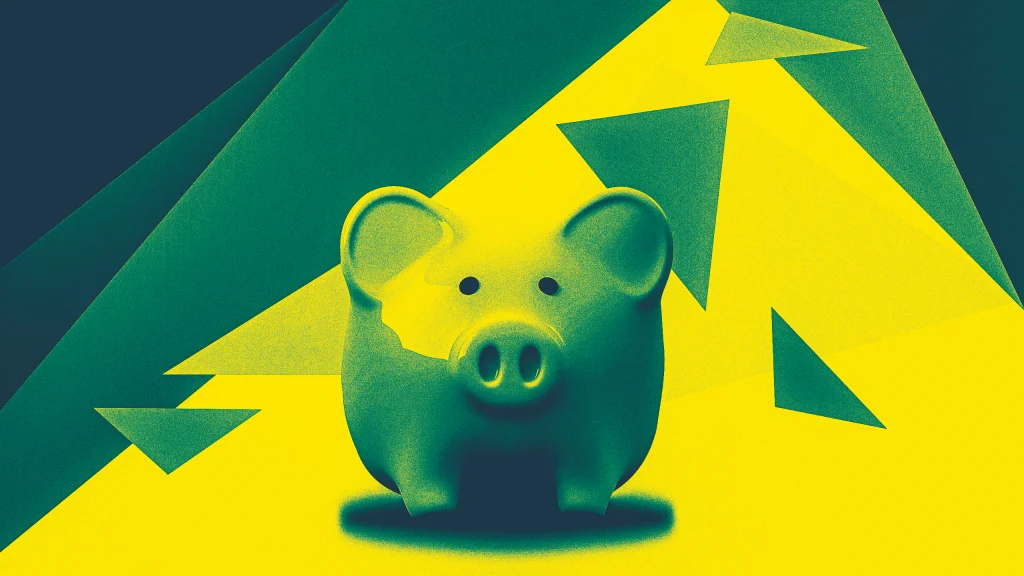 A green piggy bank is centered on an abstract background with yellow and green triangular shapes and patterns. The image has a modern and artistic style, using contrasting colors to create a vibrant and dynamic composition.