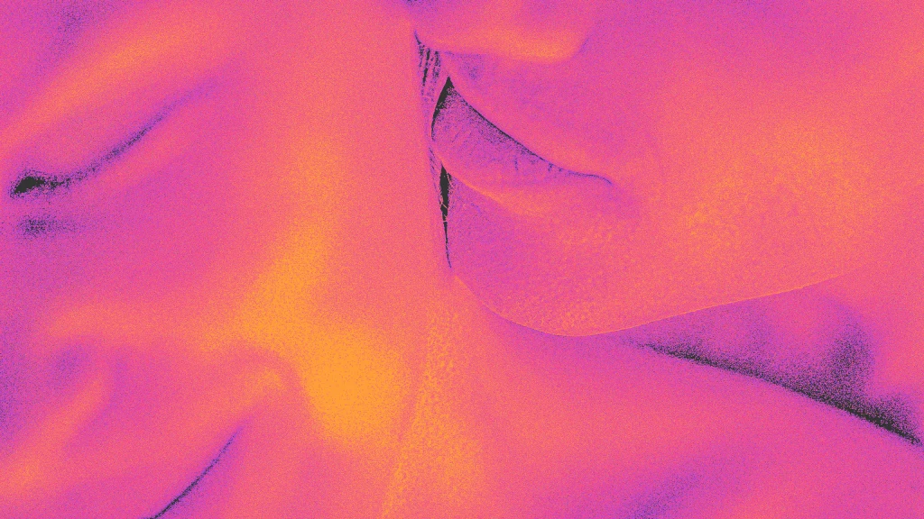 Two faces in close proximity with a purple and orange color scheme. One face has closed eyes and the other shows lips near the neck of the first person, creating an intimate and abstract impression.