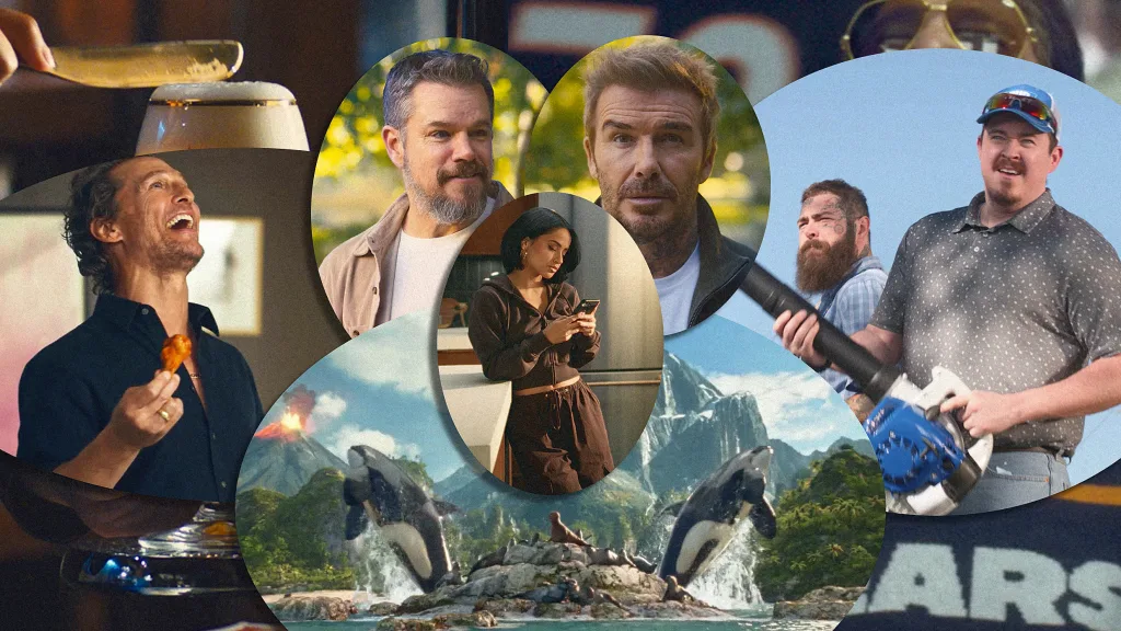 A collage of people and scenes: a man enjoying wings, another receiving a beer, a woman in a serene setting, two men outdoors, and a dramatic scene with orcas and volcanoes. Each image is part of a circular cutout, highlighting varied activities and settings.