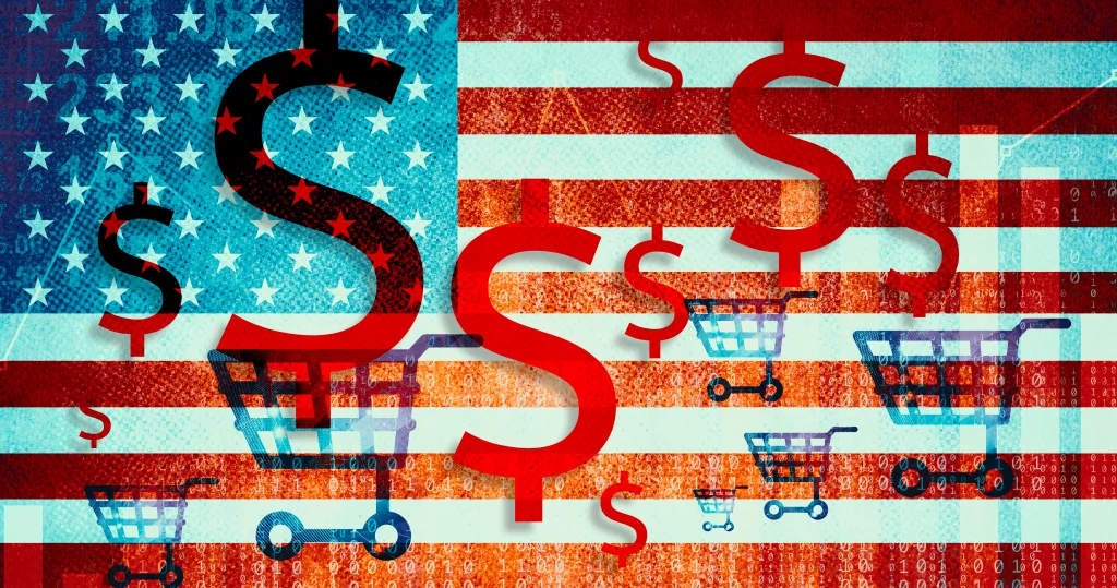 Illustration of a US flag with red dollar signs and shopping carts overlaid, symbolizing commerce and economy. The background features a grunge texture, interspersed with digital numbers.