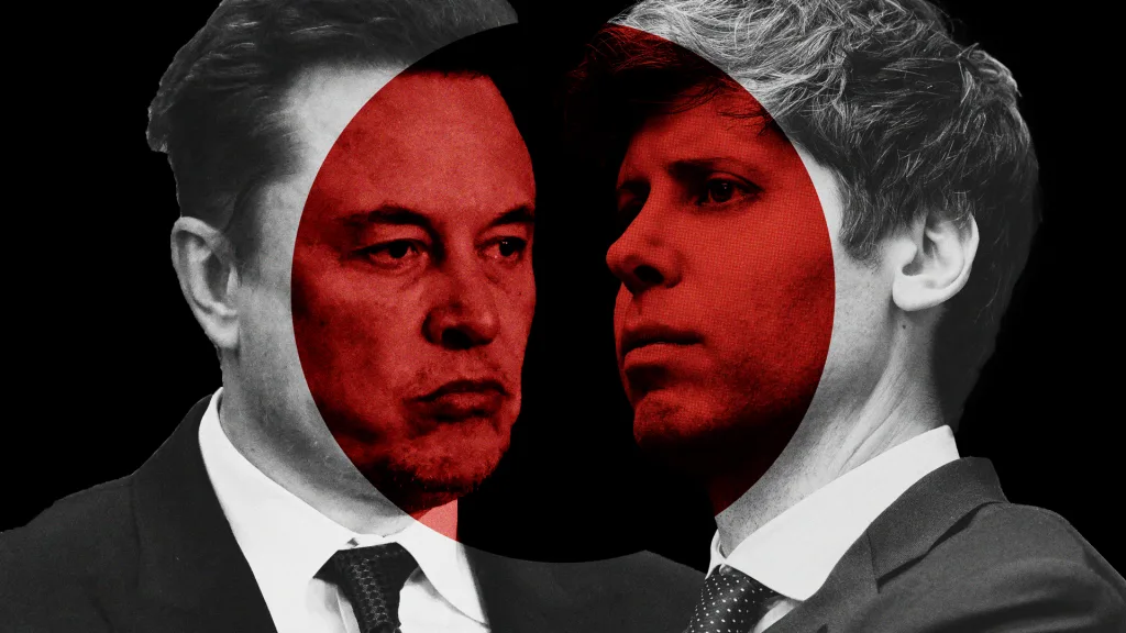 A split-toned artistic composition showing two serious-looking men in suits, with one side in a red hue and the other in monochrome. A large red circle overlays the image, set against a black background, emphasizing their profiles.