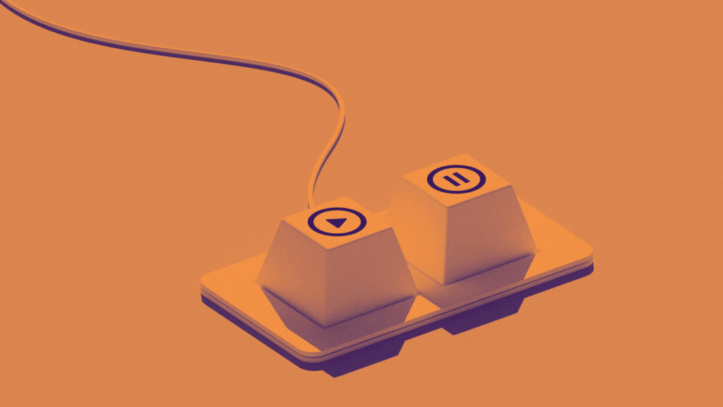 A pair of oversized keyboard keys with play and pause symbols sit on a base, connected by a cable. The image is rendered in an orange and purple color scheme, casting shadows and creating a retro, surreal aesthetic.