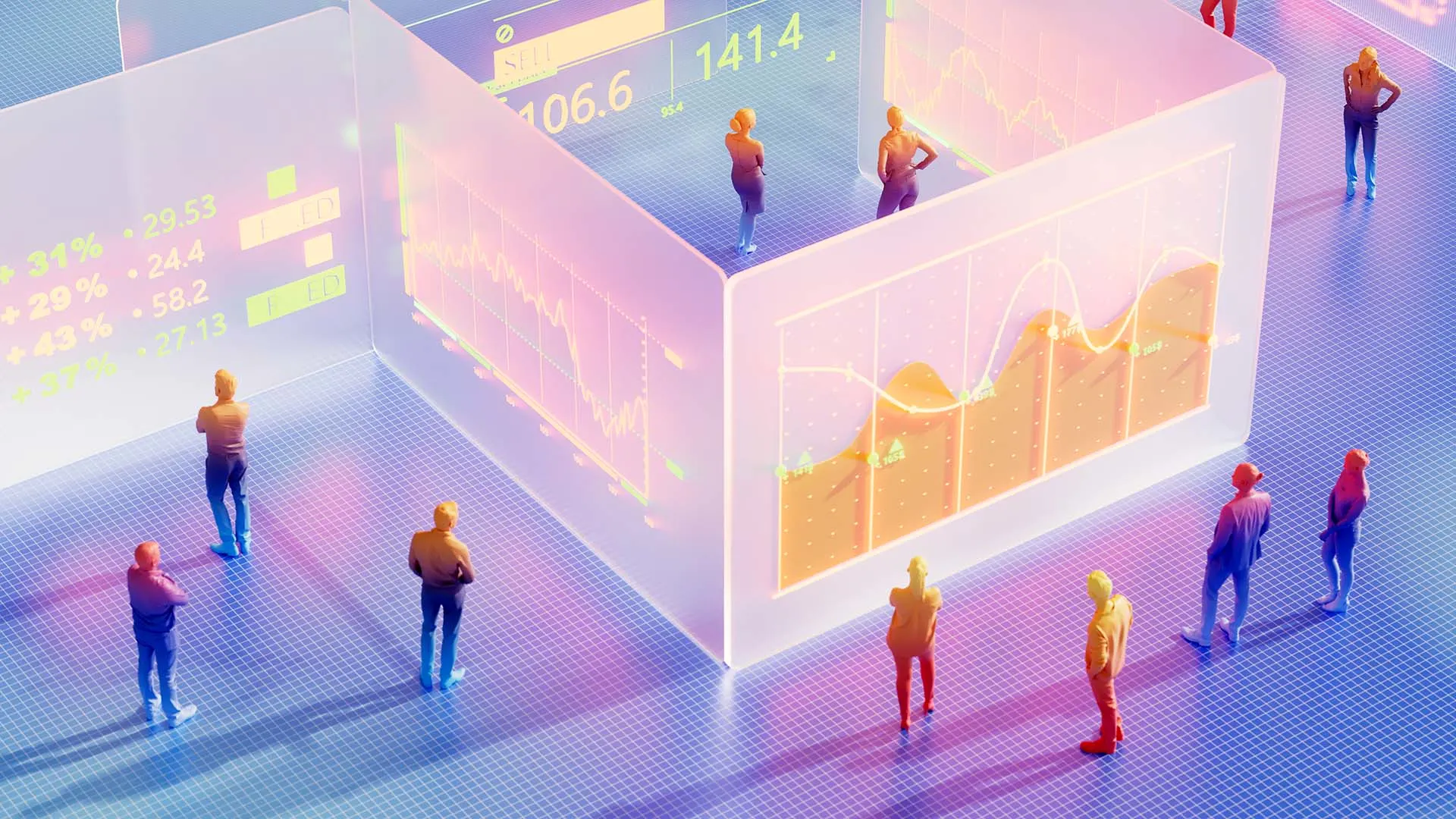 People stand around a large, transparent cube with digital financial charts projected on its surfaces. The scene is colorful and futuristic, with graphs and numbers visible inside and outside the cube on a grid-like floor.