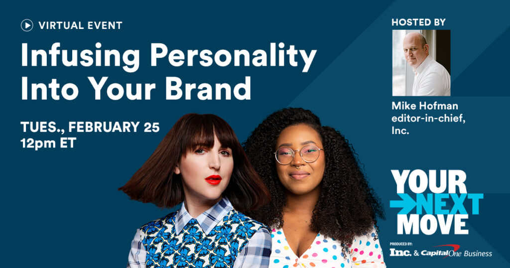 Promotional graphic for a virtual event titled Infusing Personality Into Your Brand, scheduled for Tuesday, February 25 at 12pm ET. Hosted by Mike Hofman, editor-in-chief of Inc. Includes images of two women and event logos.