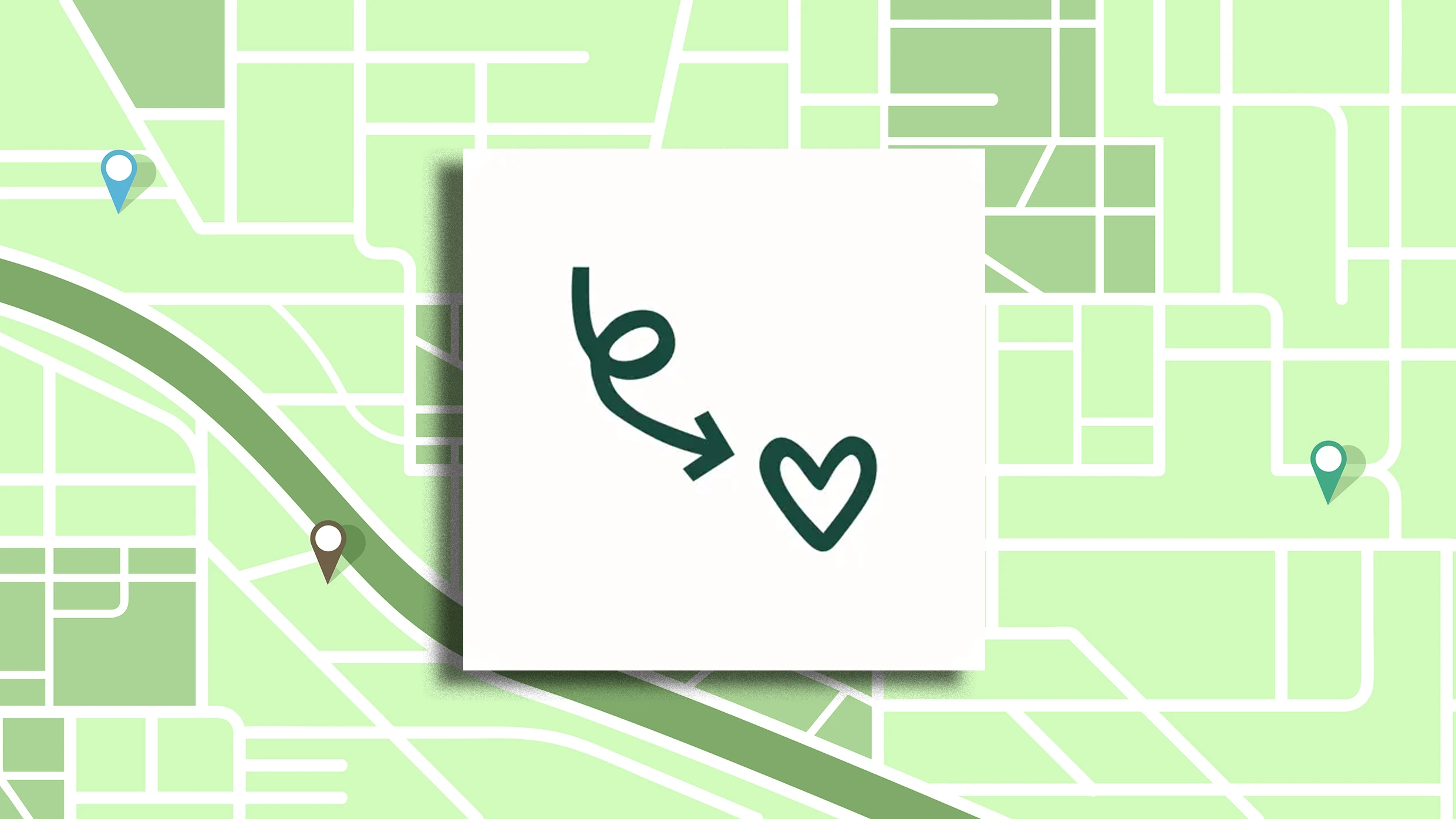 A simple map illustration with three location pins. In the center, a white square displays a winding arrow curving into a heart shape, symbolizing a journey or path. The background features abstract, light green map patterns.