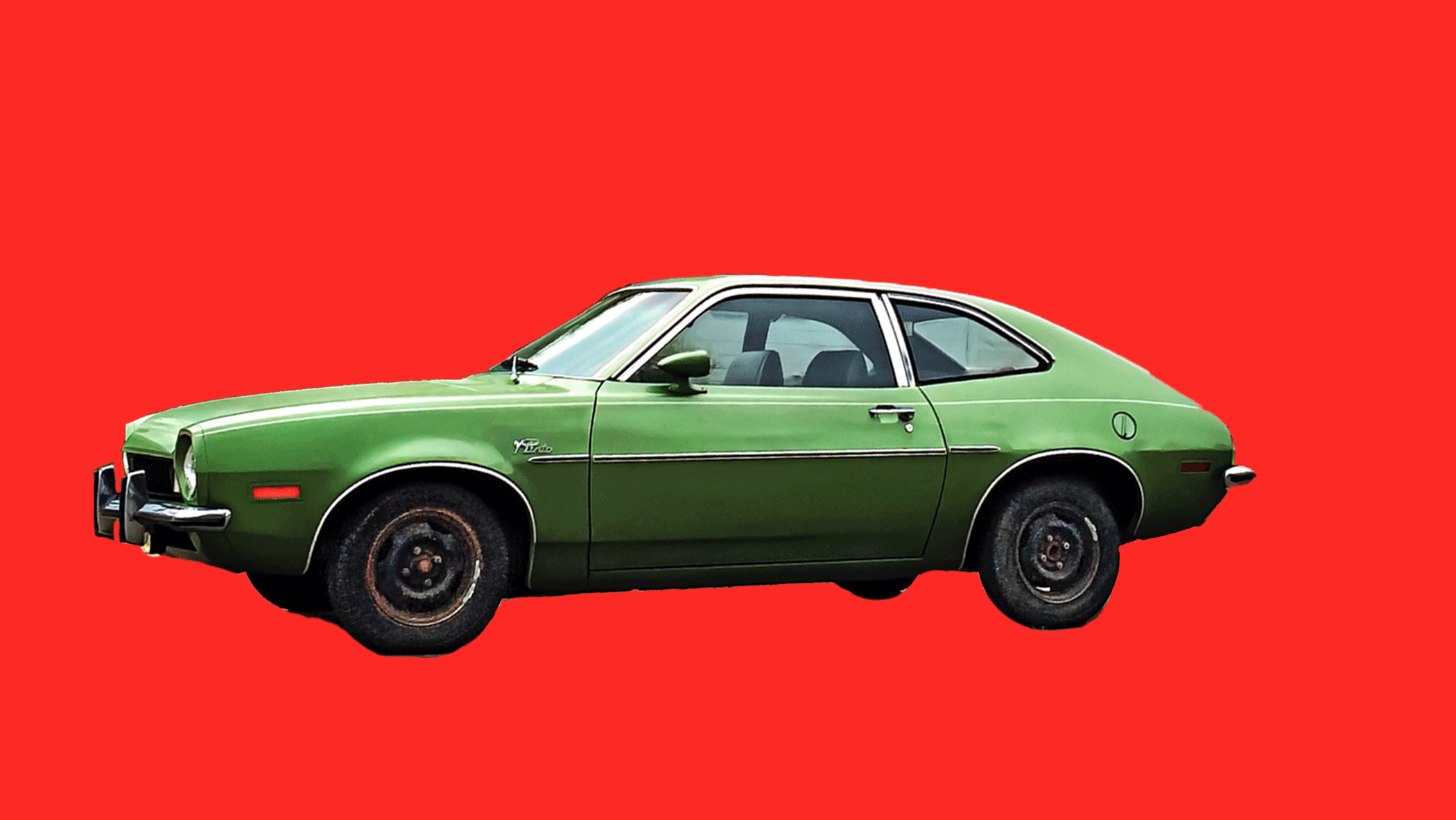 A vintage green car, likely from the 1970s, viewed from the side against a bright red background. The car has a compact design with a two-door hatchback style and chrome accents.