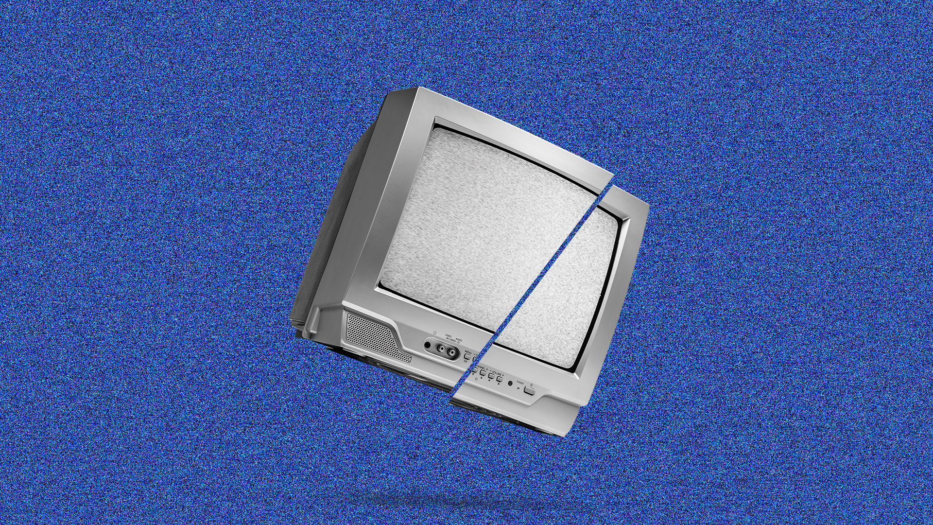 A vintage CRT television with a static-filled screen is split diagonally, creating a mirrored effect, against a textured blue background.