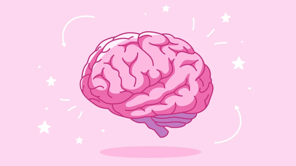 Illustration of a pink human brain on a light pink background, surrounded by white stars, lines, and curved arrows, giving a sense of creativity or thinking.