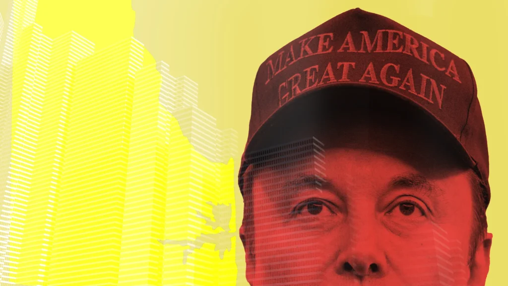 A person wearing a Make America Great Again hat is shown in red tones against a yellow background with abstract white building outlines. Only the upper part of the face and hat are visible.