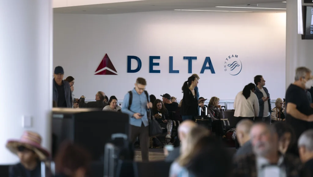 A busy airport terminal with people waiting and walking near a large Delta Air Lines sign on the wall. Some passengers are seated, while others stand or walk with luggage.