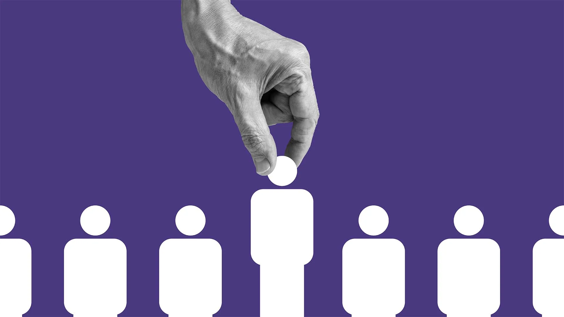 A large hand picks up one white human figure icon from a row of similar icons on a purple background, symbolizing selection or recruitment.