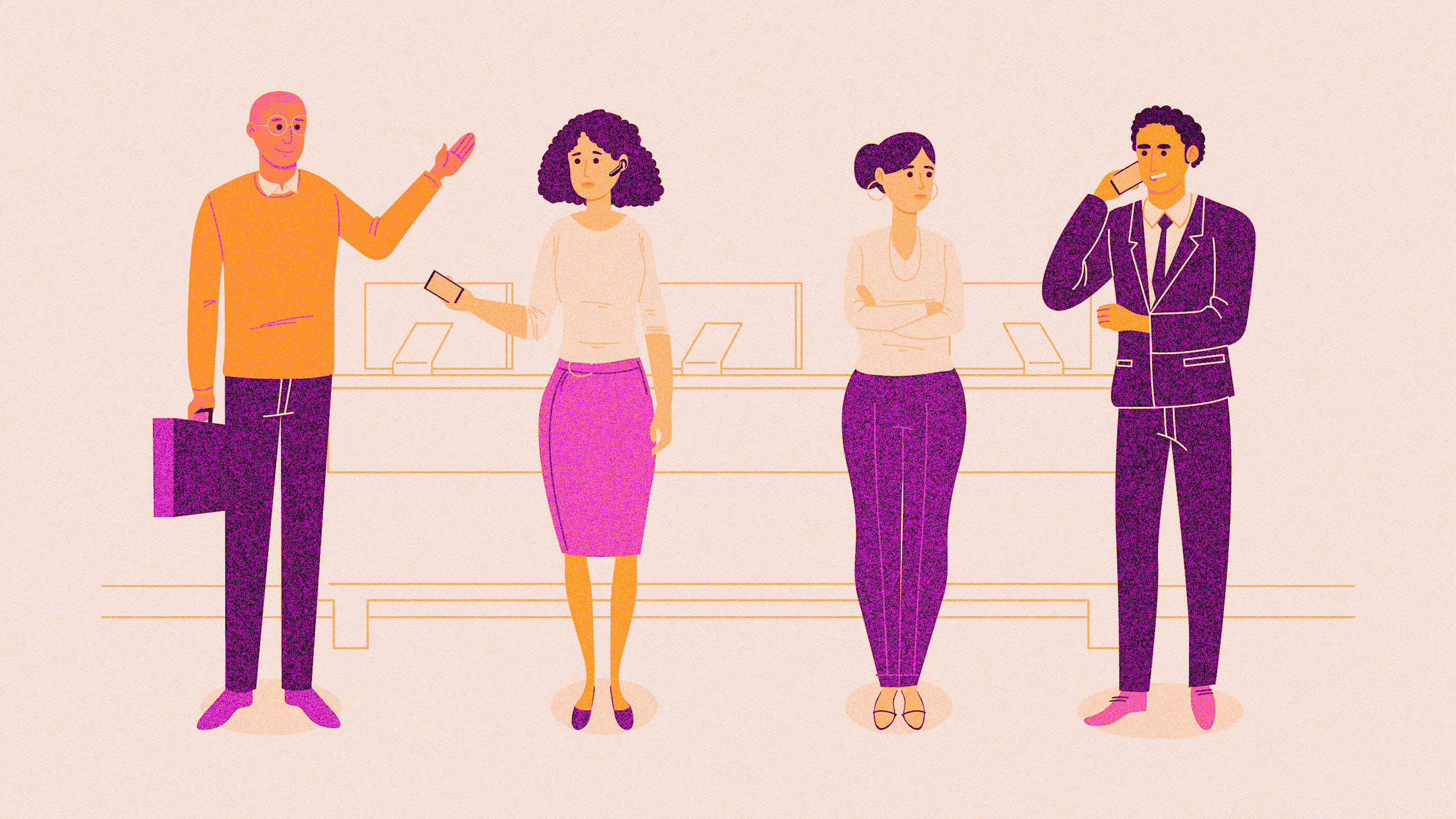 Illustration of four people standing in a row: a man in an orange sweater holding a phone, a woman in a white top and pink skirt with a phone, a woman with arms crossed, and a man in a suit talking on a phone.