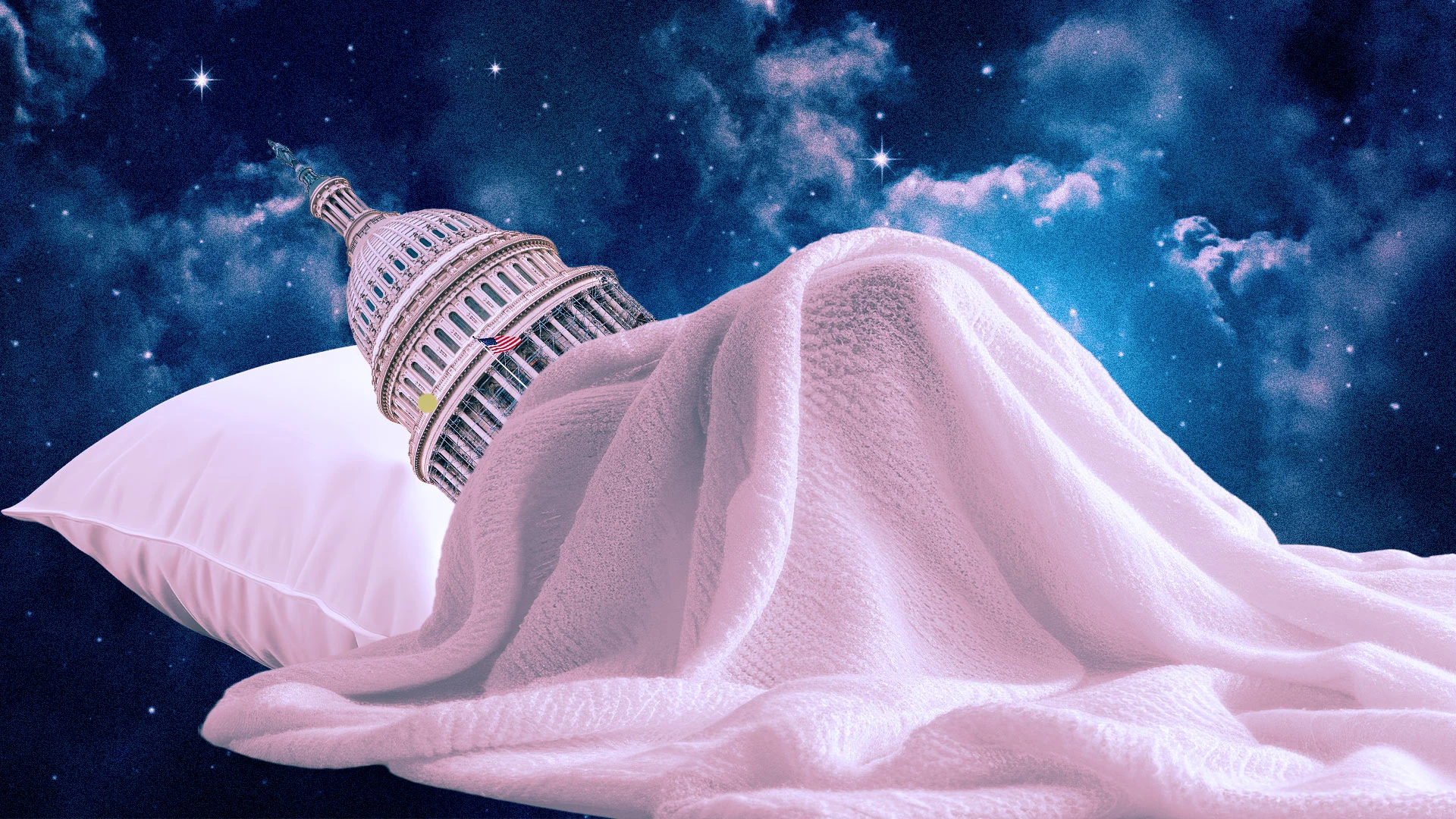 The U.S. Capitol dome appears tucked into bed under a white blanket with a pillow, set against a dreamy, star-filled night sky.
