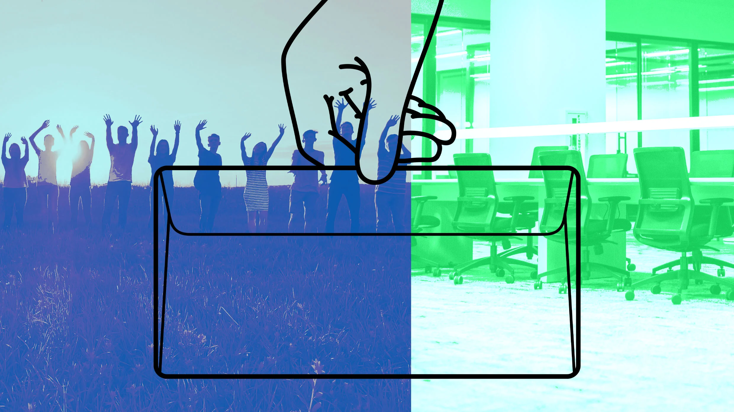 A digital collage shows silhouettes of people outdoors with raised arms on the left, empty office chairs indoors on the right, and a hand outlined in black holding a briefcase across the center.