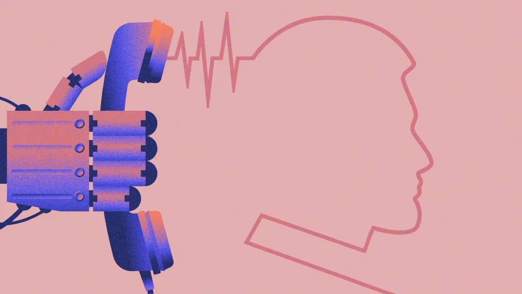 An illustration of a robotic hand holding a telephone receiver, with soundwaves connecting the receiver to an outline of a human head, symbolizing communication between AI and humans.